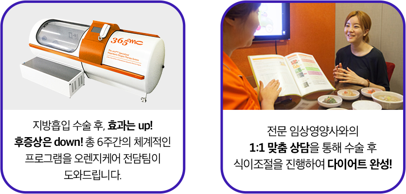 지방흡입 수술 후, 효과는 up! 후증상은 down! 후관리 전담팀이 수술 후 케어를 도와드립니다. 전문 임상영양사와의 1:1 맞춤 상담을 통해 수술 후 식이조절을 진행하여 다이어트 완성!